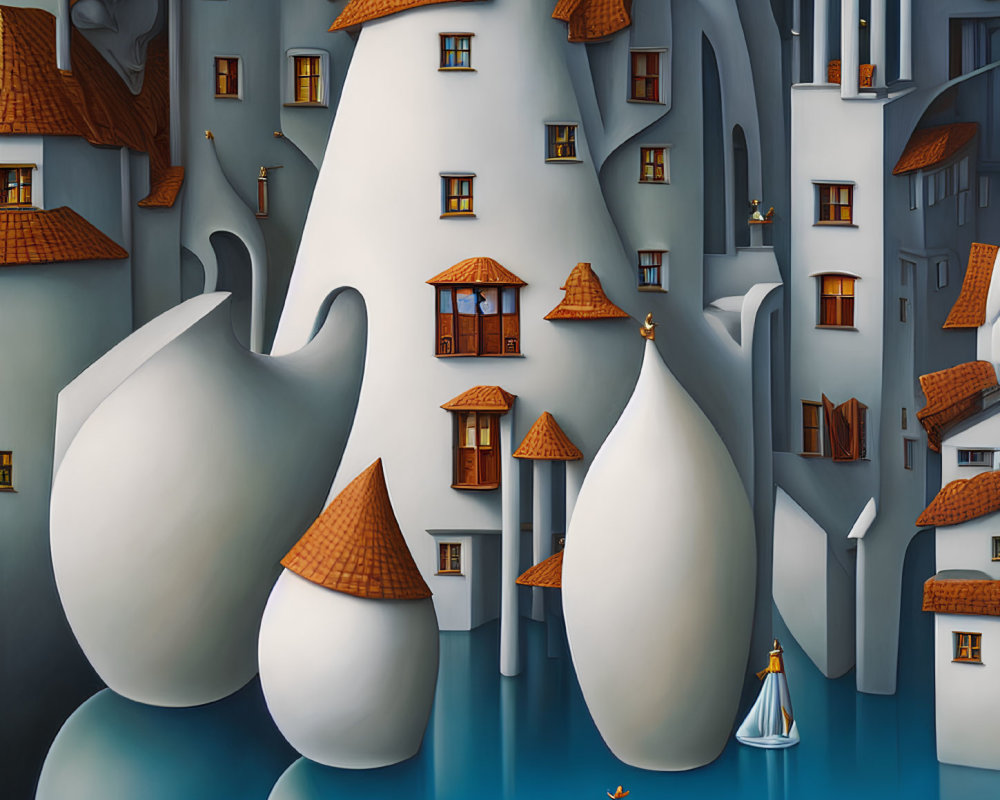 Whimsical village with bulbous white structures in a surreal setting