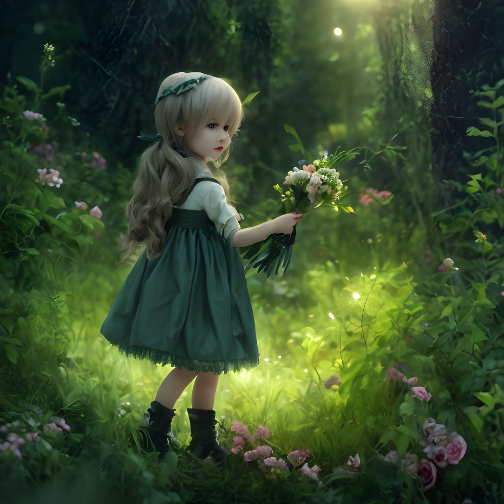 Lifelike doll in green dress with flowers in sunlit forest clearing