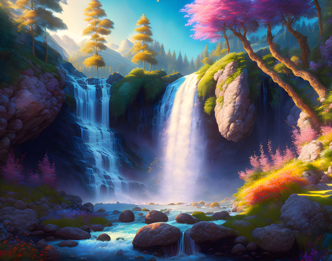 Scenic landscape with dual waterfalls, lush trees, and colorful foliage