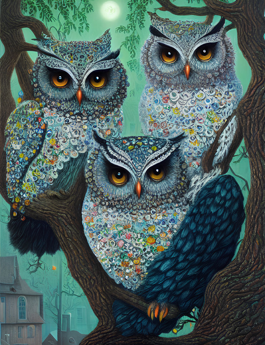 Three patterned owls with orange eyes on tree branch with house below