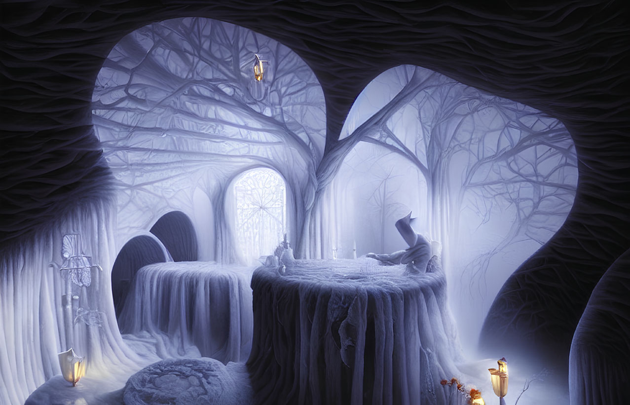 Blue-toned forest scene with heart-shaped arches and cloaked figure at table for two in icy