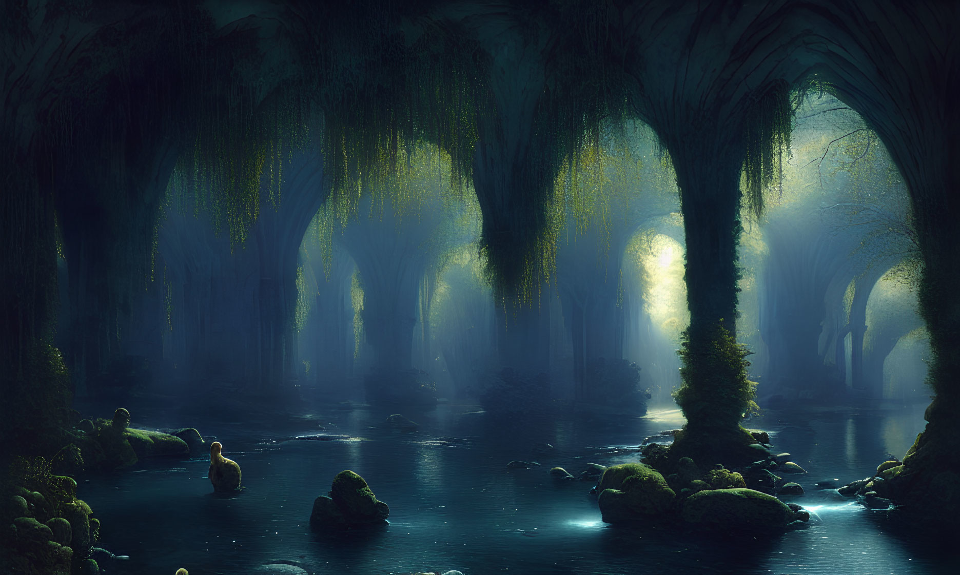 Ethereal forest scene with moss-covered trees and glowing light