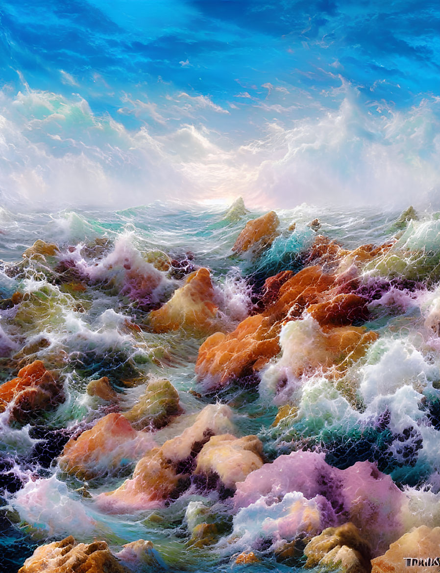 Colorful seascape painting with crashing waves and dynamic sky.