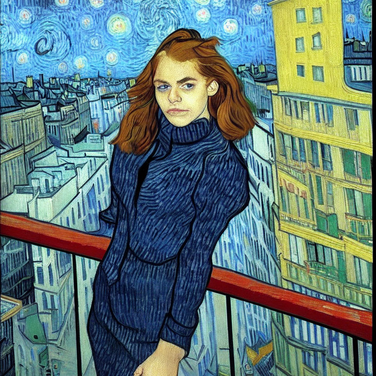 Balcony with Starry Night Style Sky and Buildings