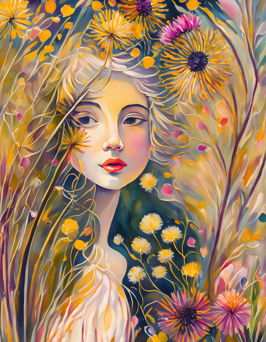 Vibrant floral abstract with serene woman's face