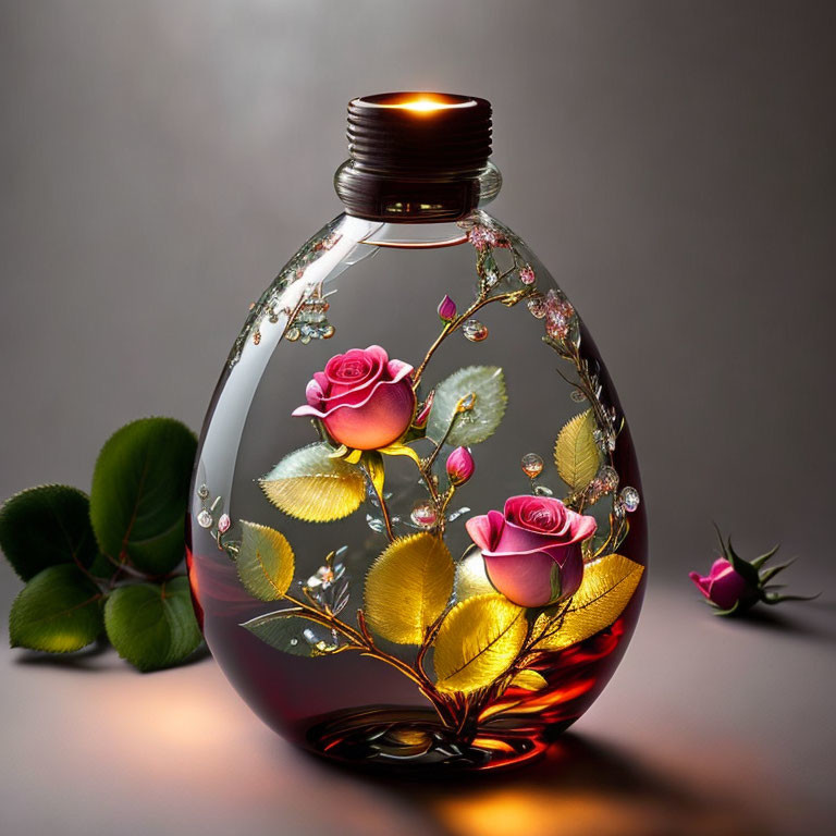 Floral design decorative bottle with embossed roses and leaves on gradient background