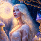 Mystical illustration: Woman in enchanted forest with lanterns and swirling moon.