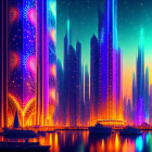 Nighttime futuristic cityscape with illuminated skyscrapers, water reflections, and starry sky.
