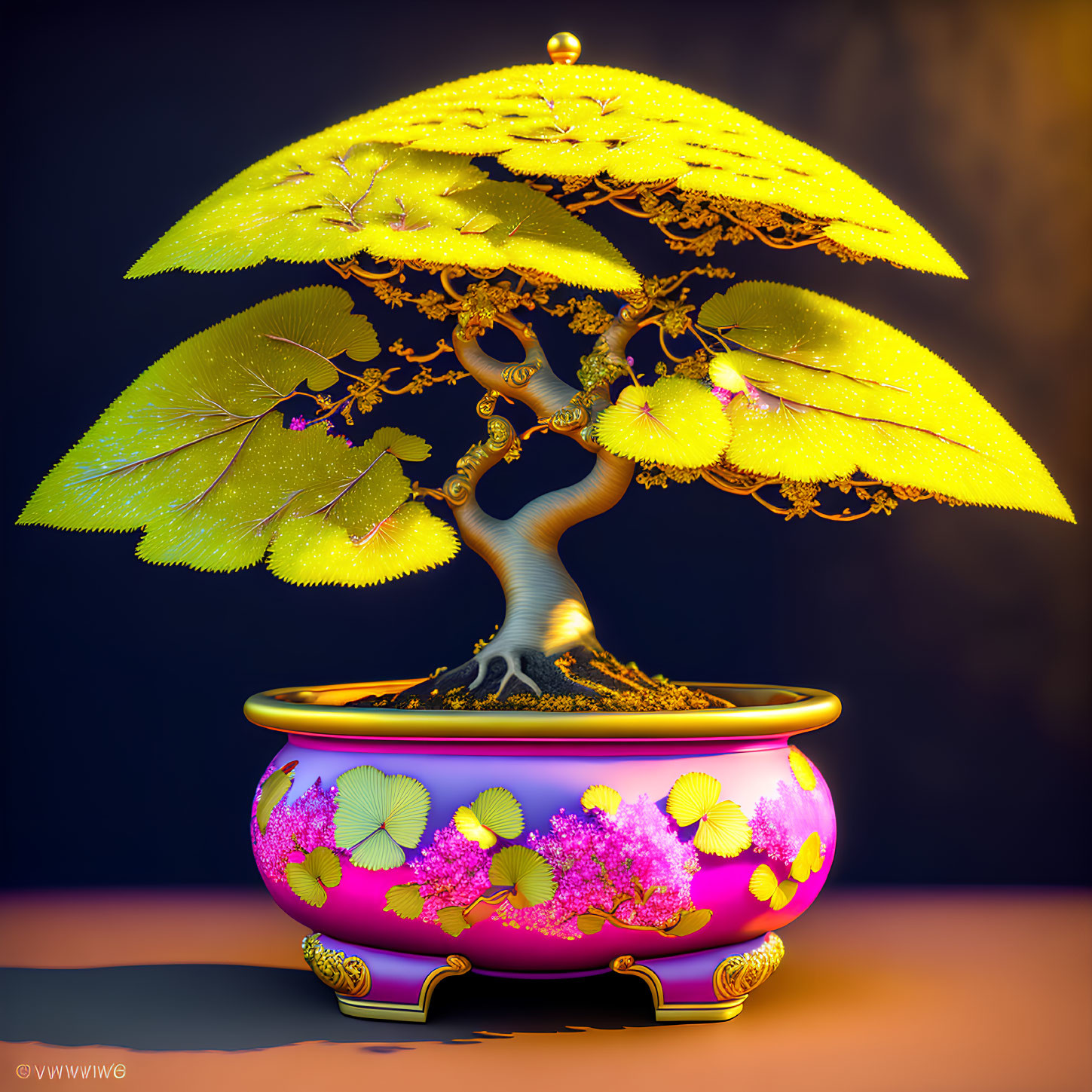 Stylized bonsai tree with golden accents and luminescent leaves in colorful pot