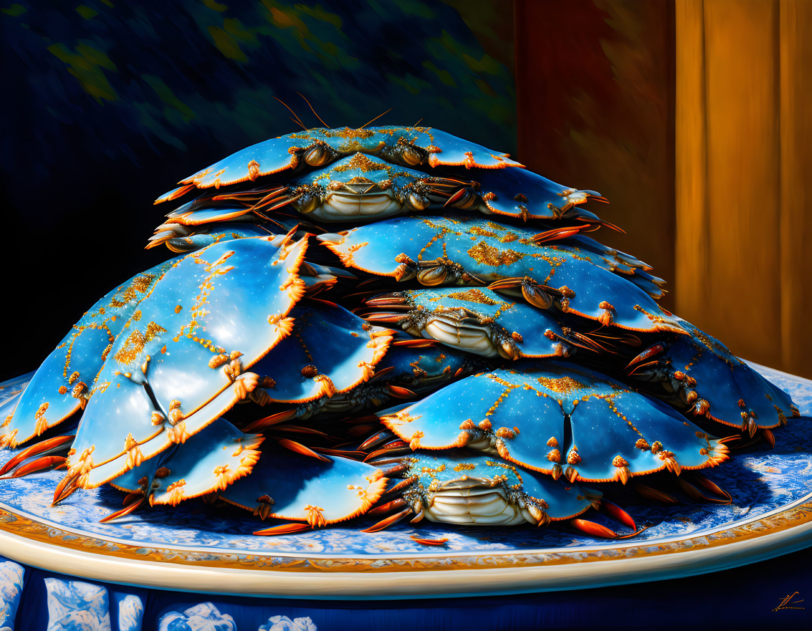 Vivid blue crabs with orange accents on blue and white plate