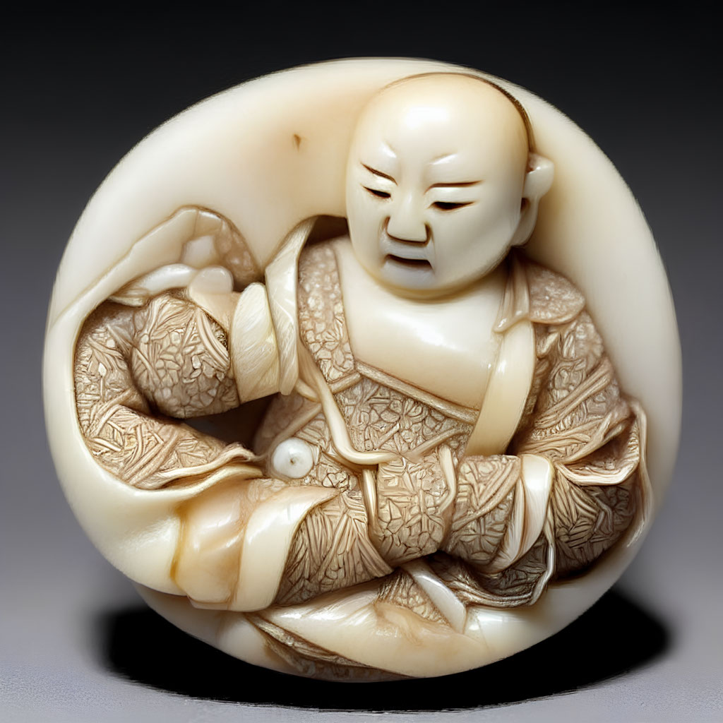 Detailed Ivory Netsuke of Seated Bald Man in Circular Form