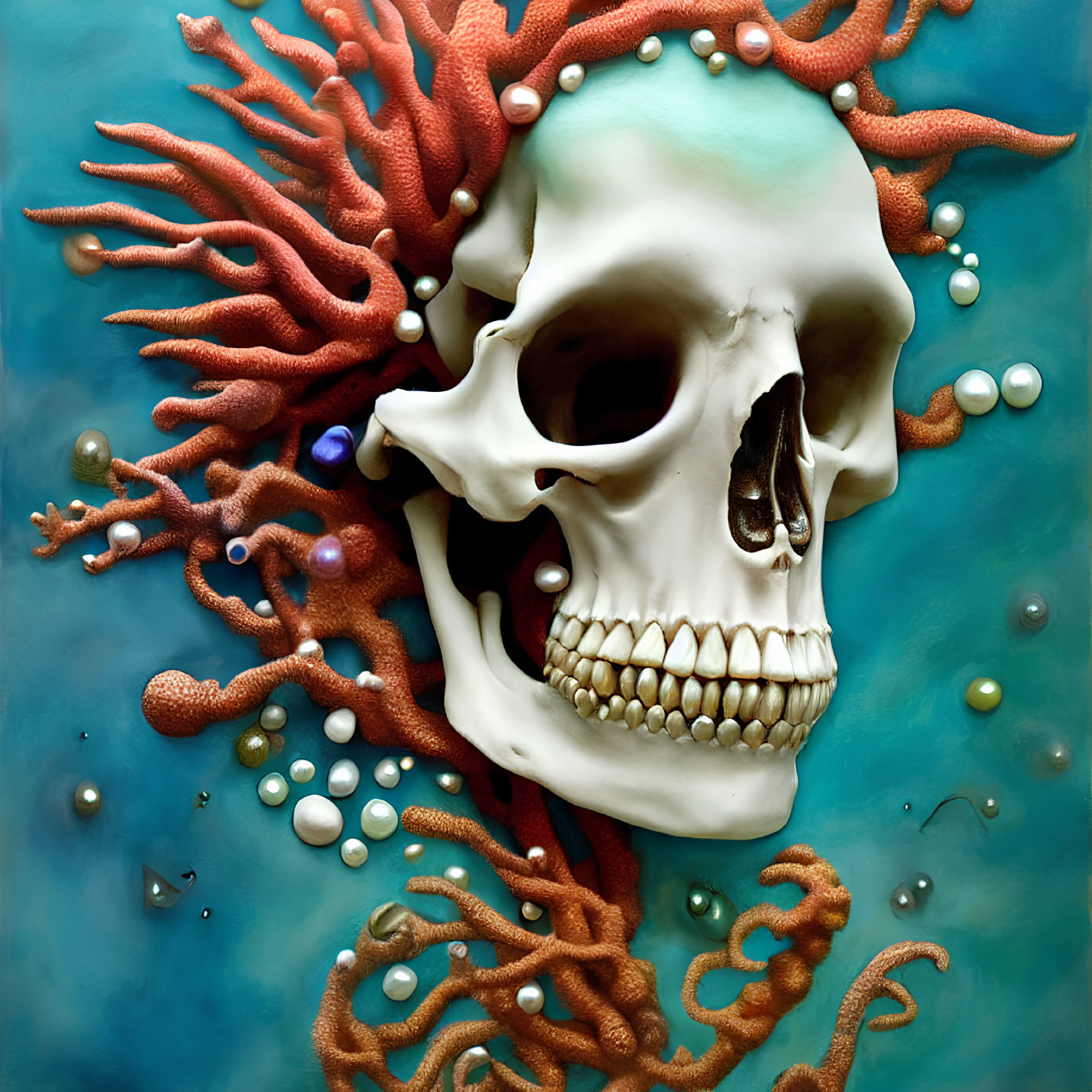 Human skull partially enveloped by red coral on turquoise background with pearls and bubbles