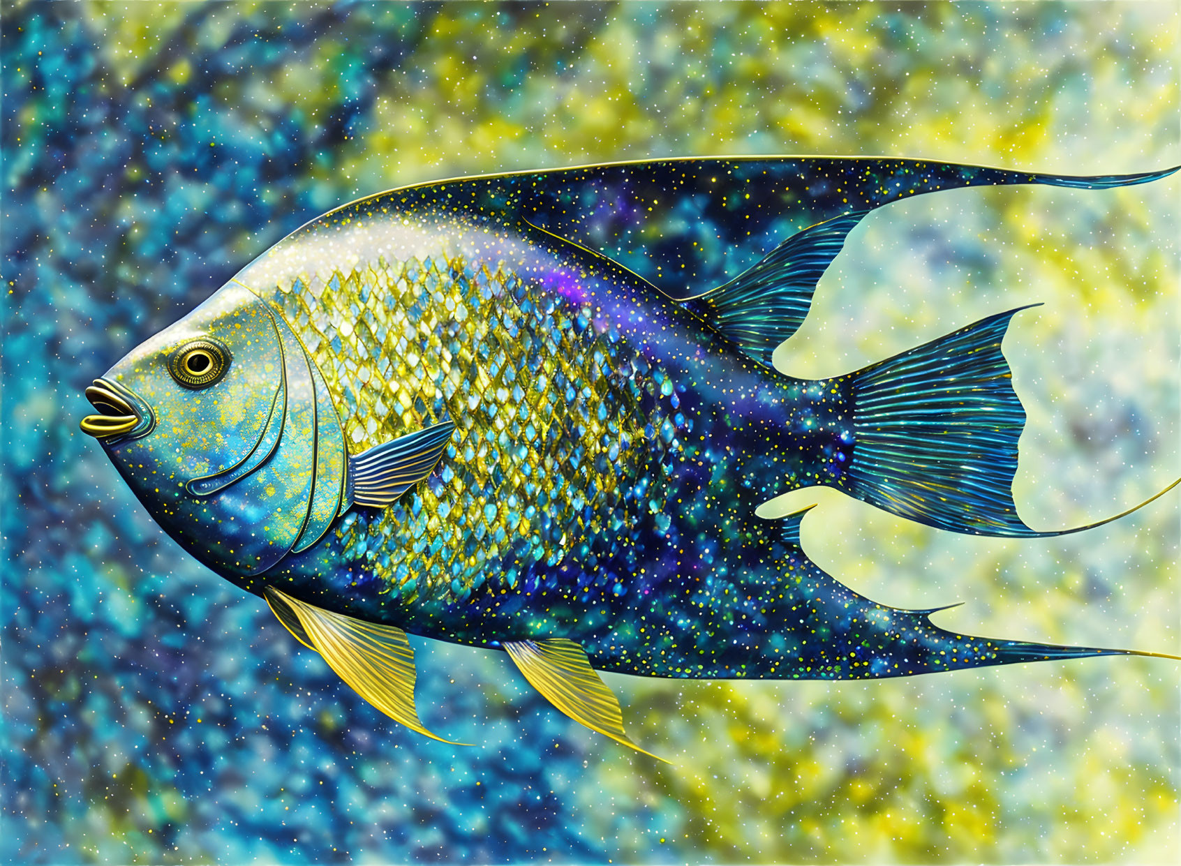 Vibrant fish illustration on blue and yellow speckled background
