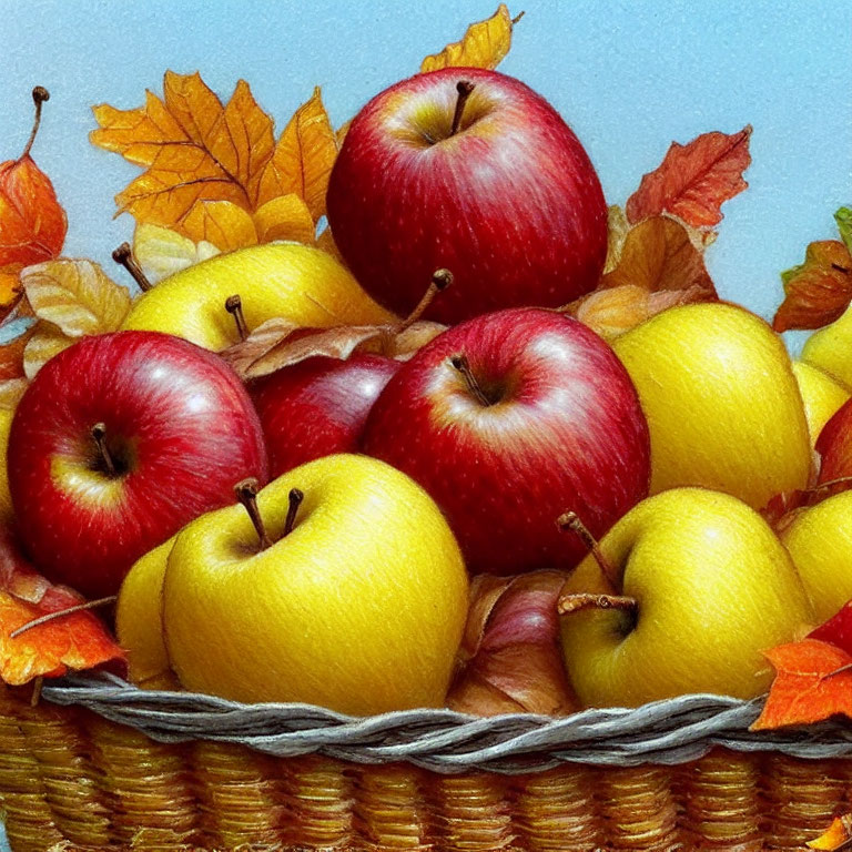 Basket of Red and Yellow Apples with Autumn Leaves