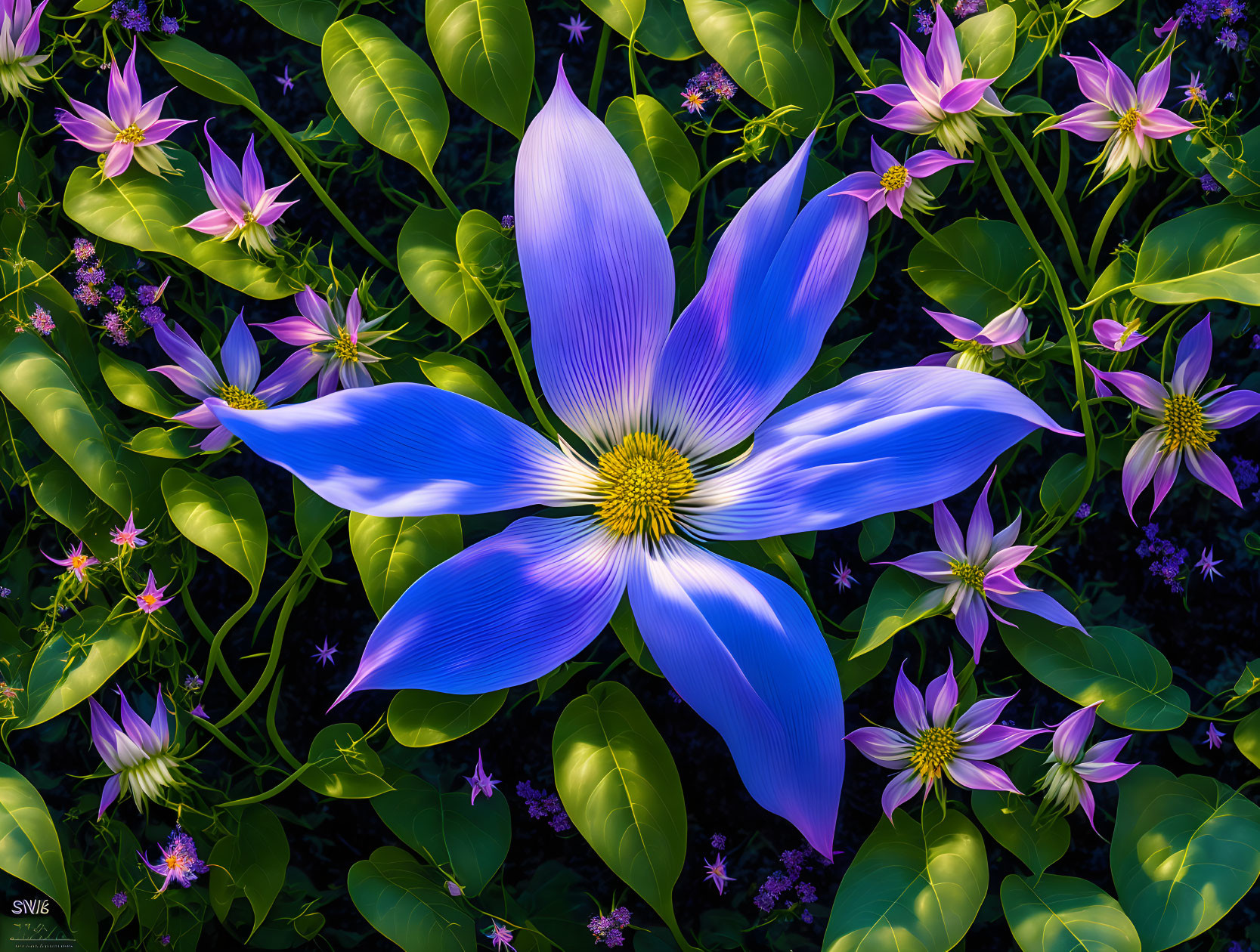 Vibrant Blue Flower Among Purple Flowers and Green Foliage