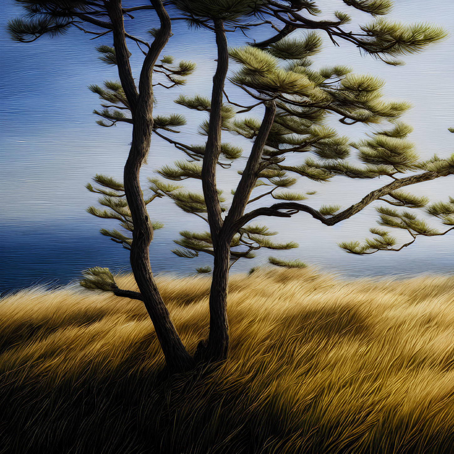 Stylized lone pine tree with thin branches in golden grass field on textured blue backdrop
