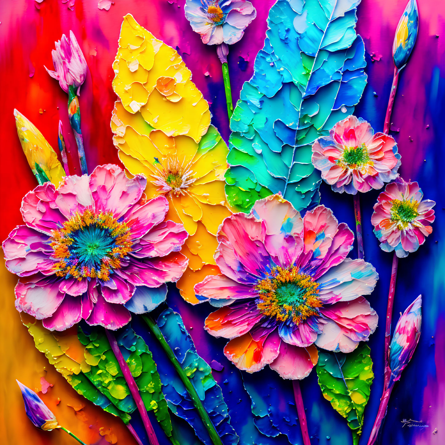 Vibrant flowers and textured leaves on colorful backdrop