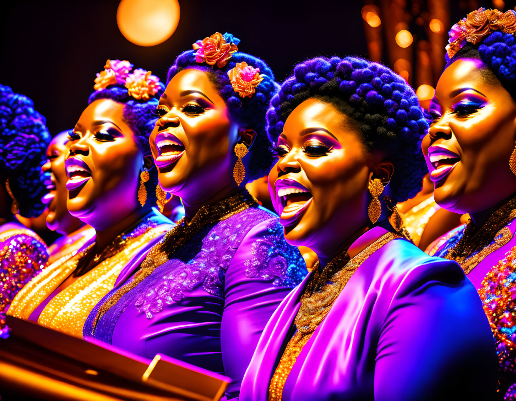 Four women in purple sequined dresses singing on stage