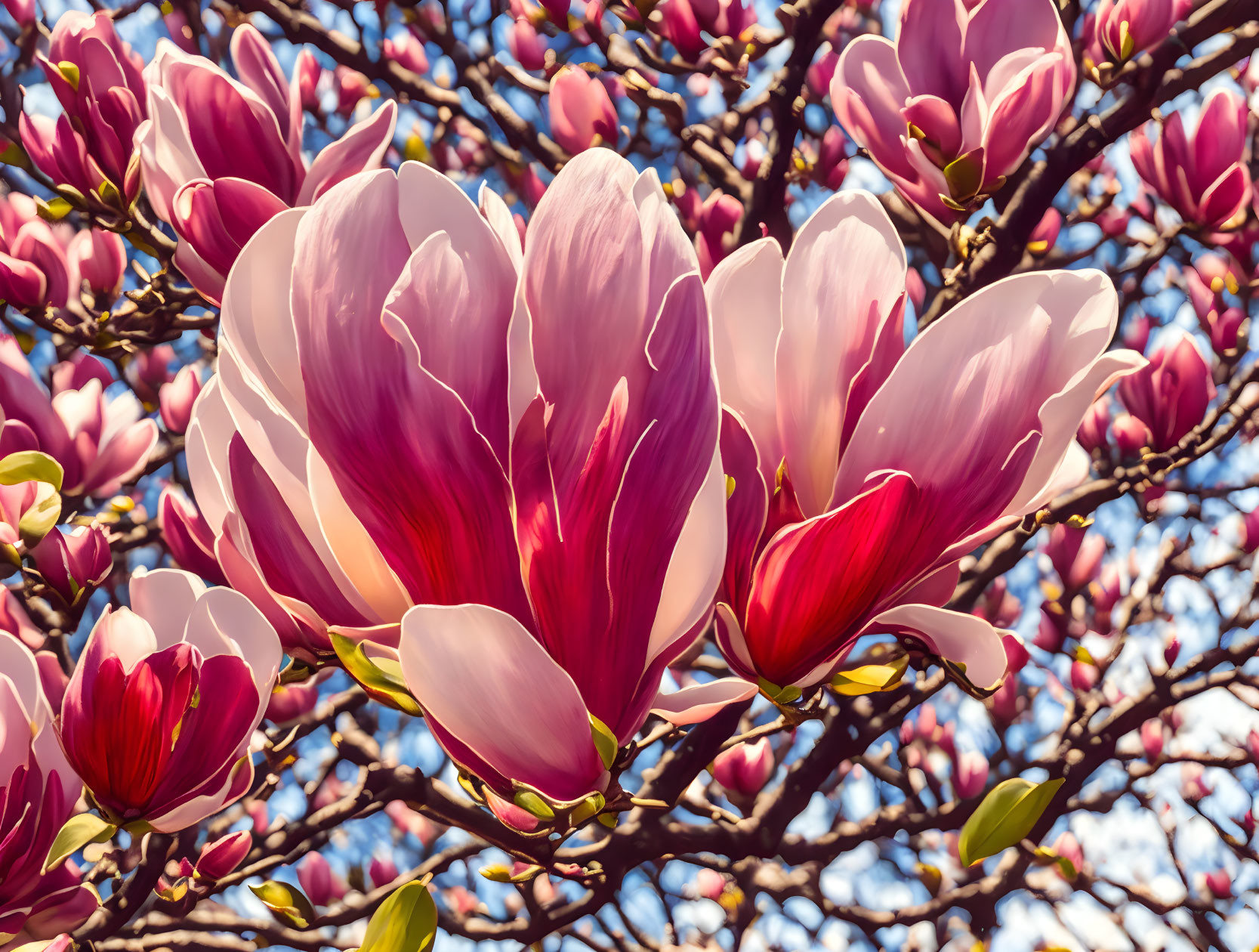Vibrant pink and white magnolia blossoms in full bloom against blue sky