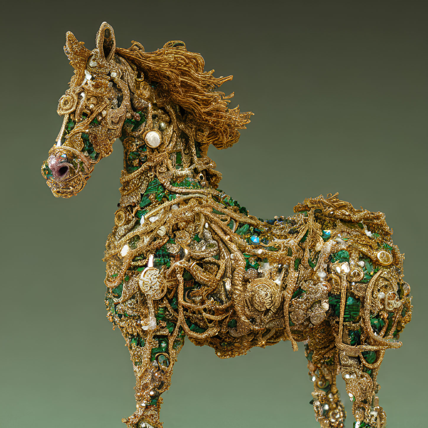 Intricate Horse Sculpture with Gold Filigree and Gem Accents