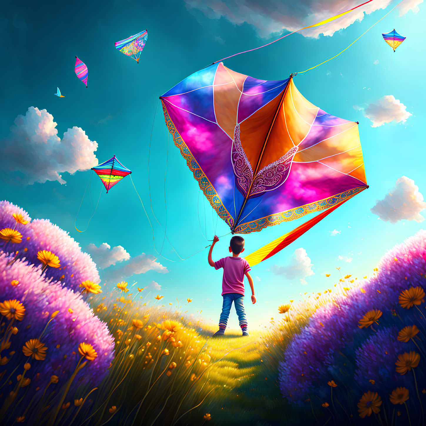 Child flying colorful kite in vibrant field on sunny day