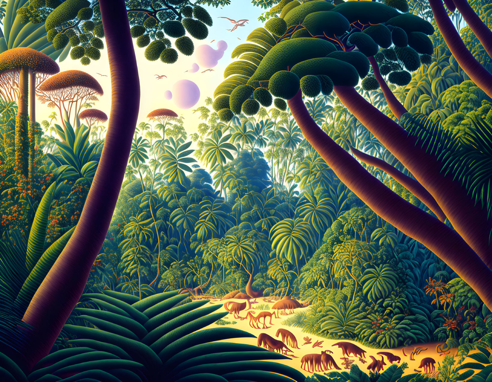 Vibrant jungle illustration with towering trees, mushrooms, pink sky, and roaming creatures