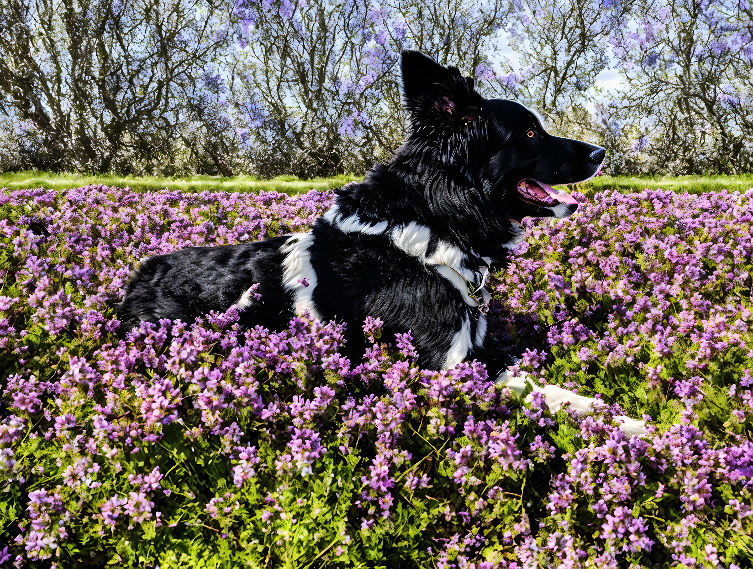 border collie in a field of flowers