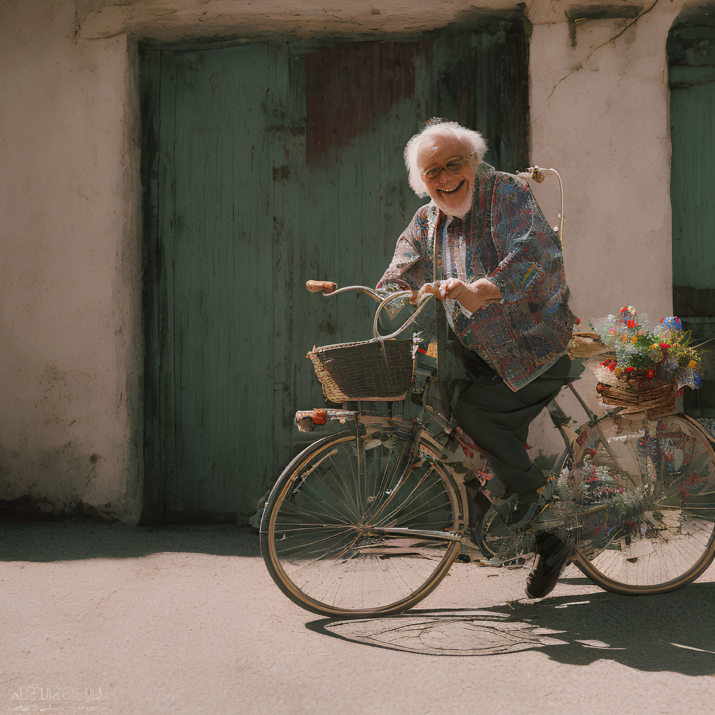 Elderly man joyfully rides decorated bicycle by rustic teal door