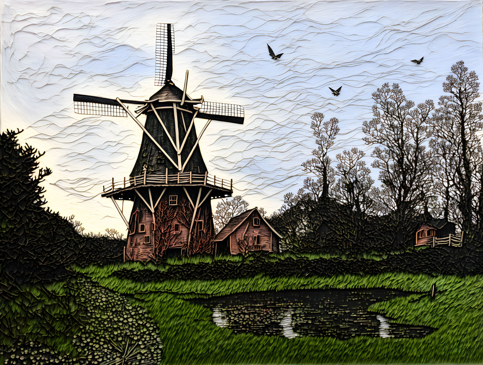 wax scratch windmill landscape