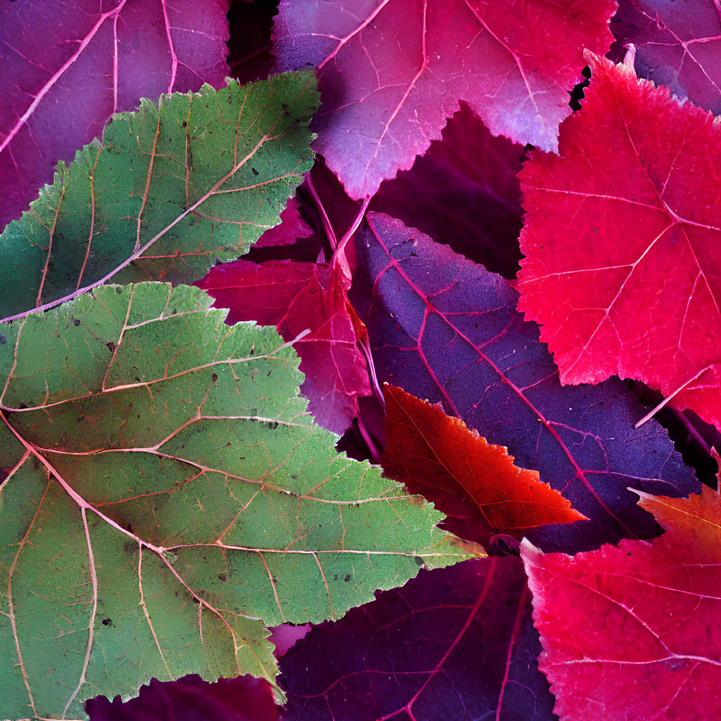 Colorful Overlapping Leaves with Prominent Veins on Purple Background