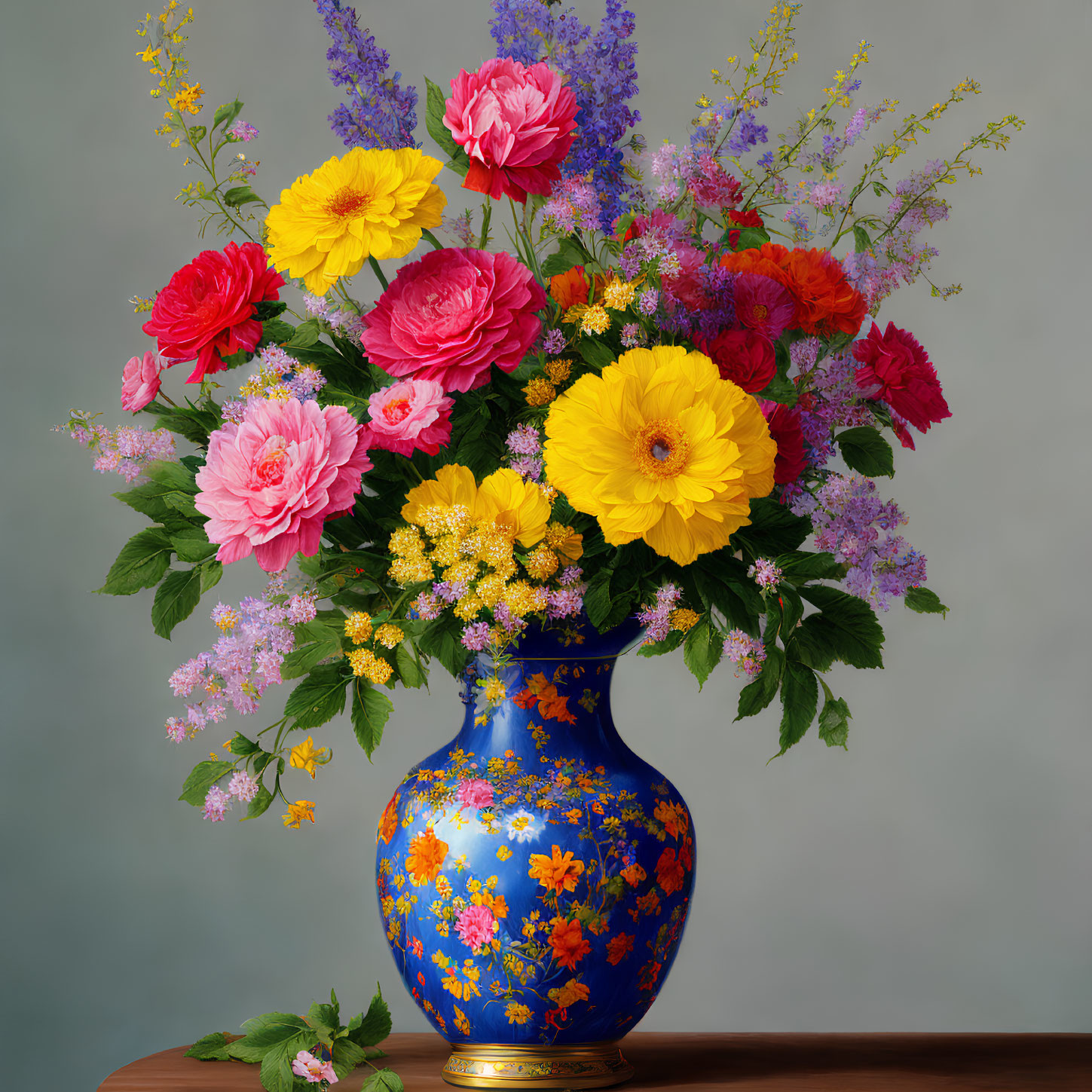Colorful Flower Bouquet in Blue Vase on Neutral Background