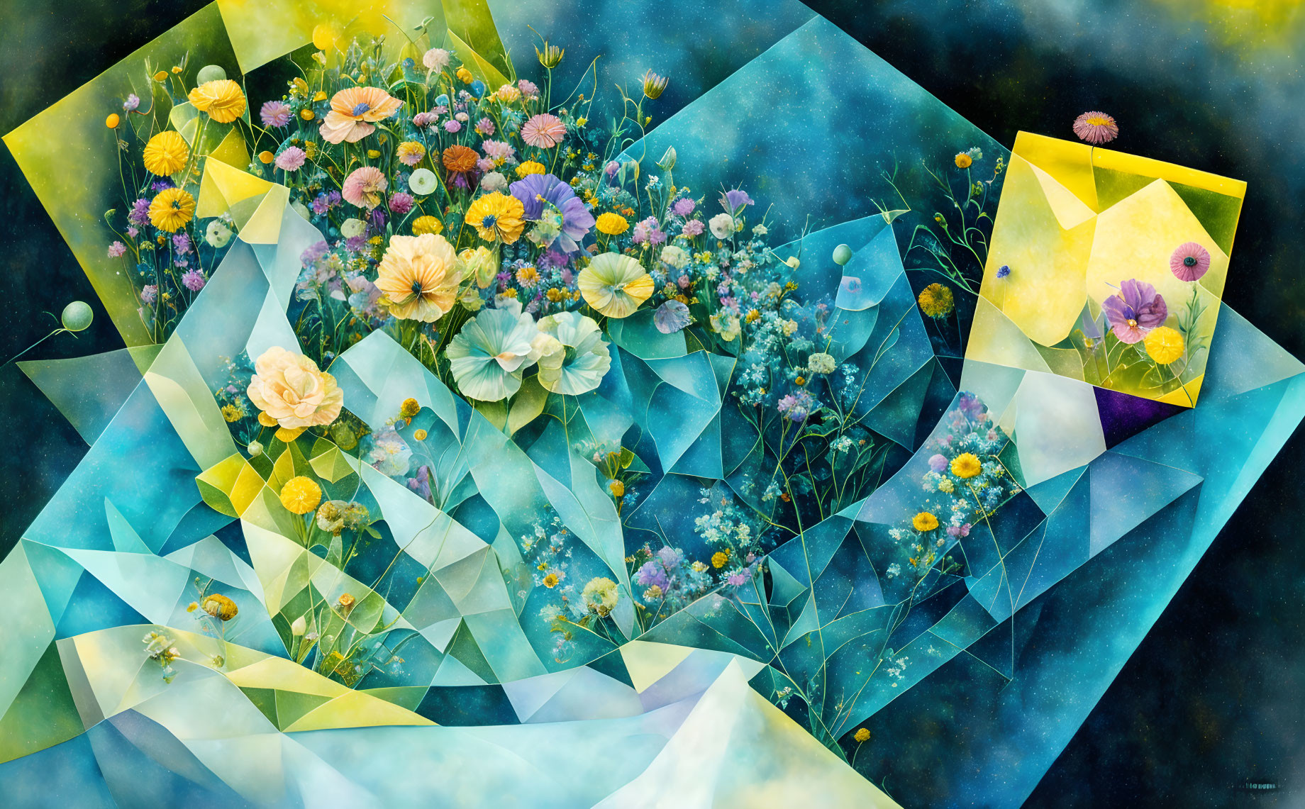 Colorful Abstract Painting: Flowers and Geometric Shapes in Blue and Yellow