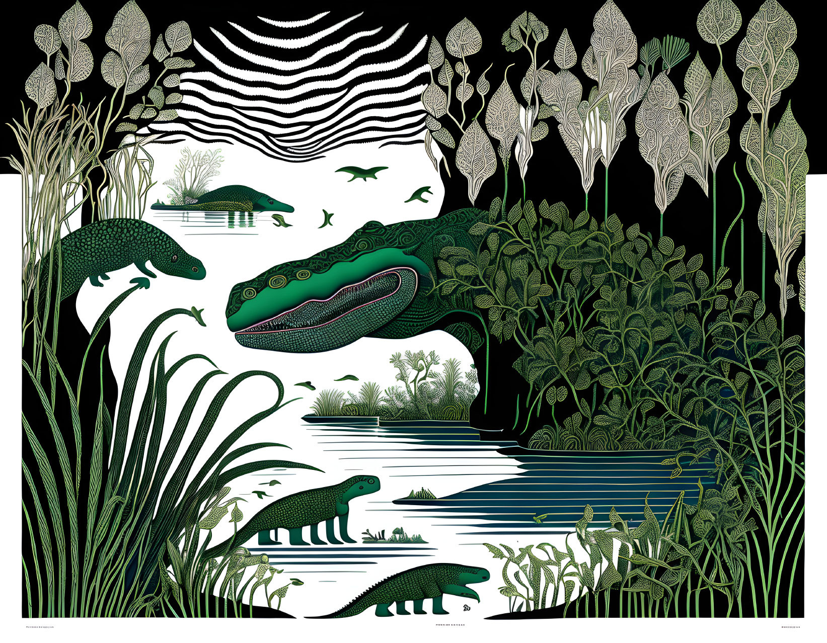 Monochrome swamp illustration with crocodiles, flora, and birds