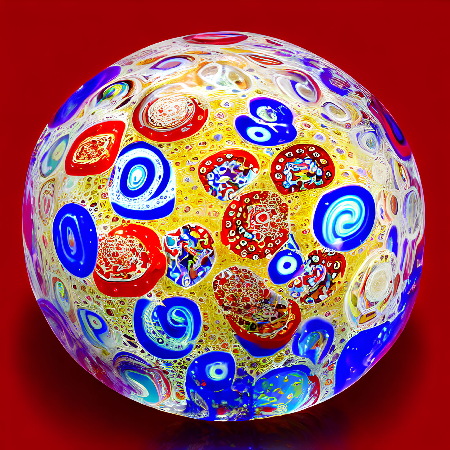 Colorful Abstract Sphere with Swirling Red, Blue, Yellow, and White Patterns