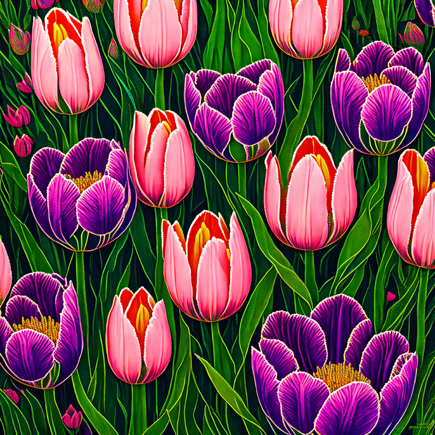 Colorful tulip field illustration with pink and purple flowers on dark background