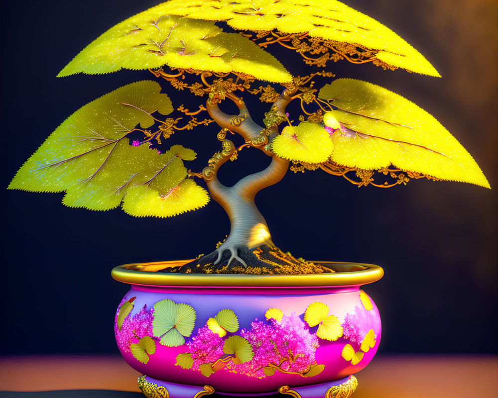 Stylized bonsai tree with golden accents and luminescent leaves in colorful pot