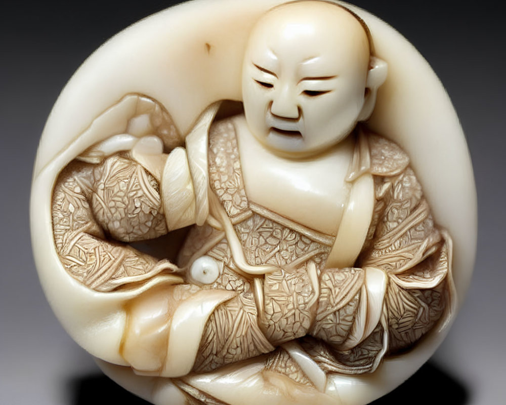 Detailed Ivory Netsuke of Seated Bald Man in Circular Form