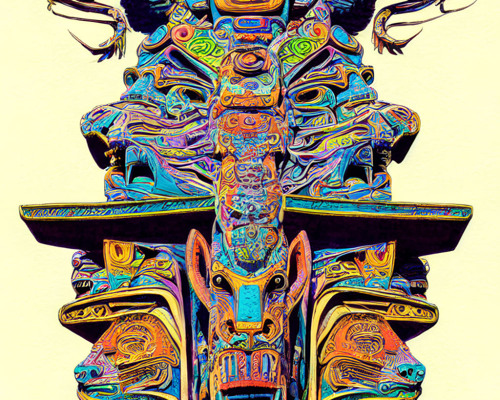 Colorful Digital Artwork of Stylized Totem Pole with Animal Faces
