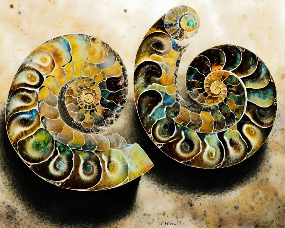 Abstract Digital Art: Golden Spiral Shells with Fractal Pattern