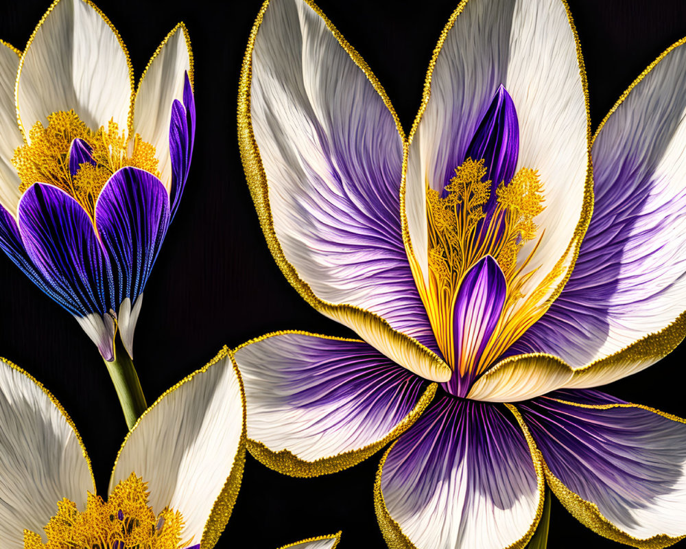 Stylized white and purple flowers with golden stamens on black background