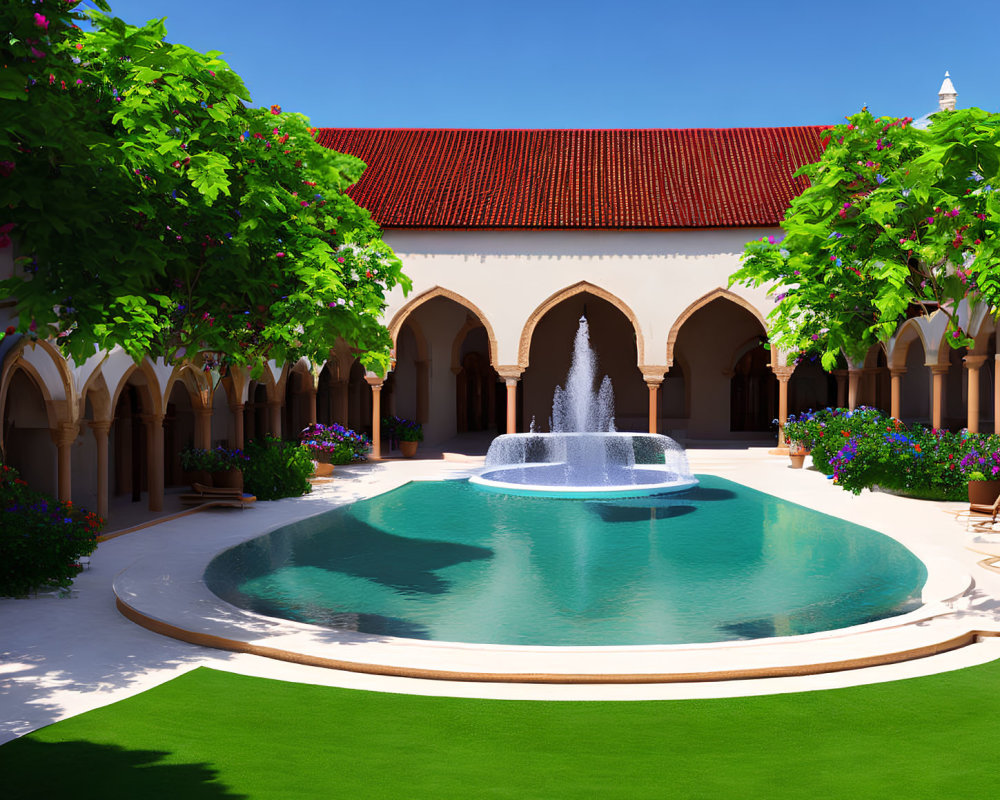 Tranquil courtyard with arches, lush garden, fountain under clear blue sky