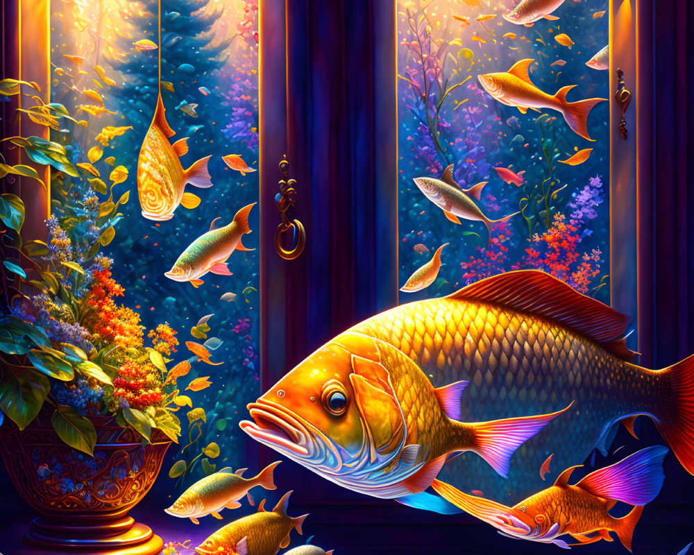 Colorful fish float in mid-air in room overlooking magical forest.