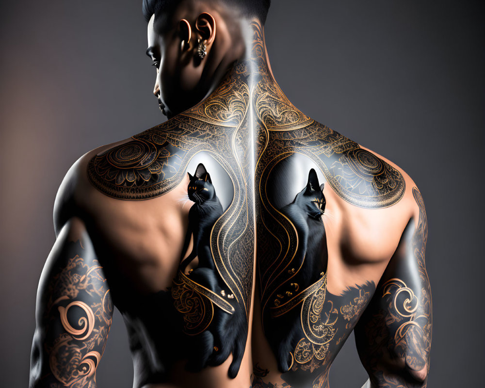 Muscular Person with Elaborate Back Tattoo of Intricate Patterns and Black Cats