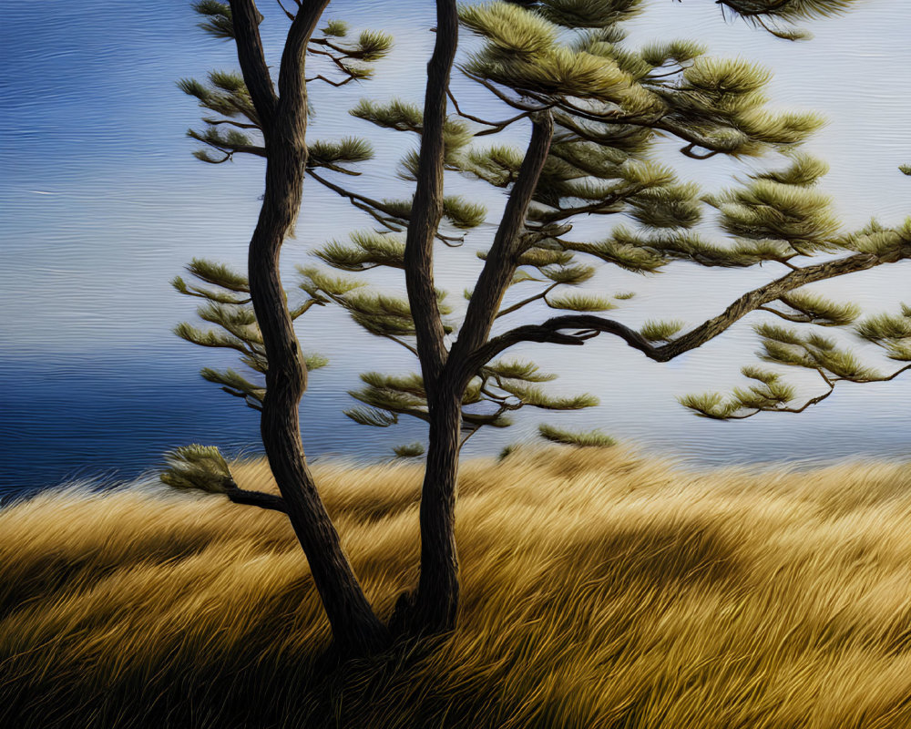 Stylized lone pine tree with thin branches in golden grass field on textured blue backdrop