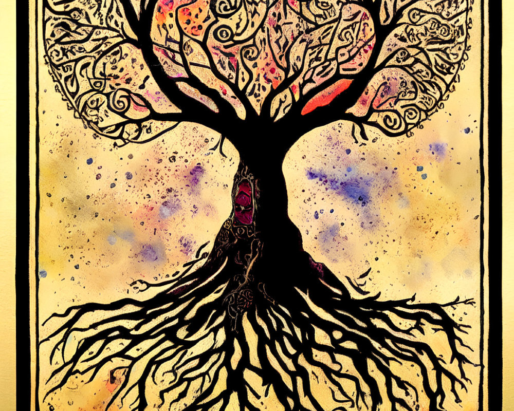 Intricate tree design on yellow and purple background