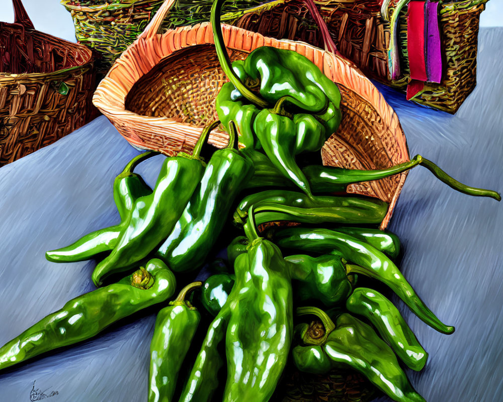 Colorful Painting of Green Chili Peppers in Woven Baskets