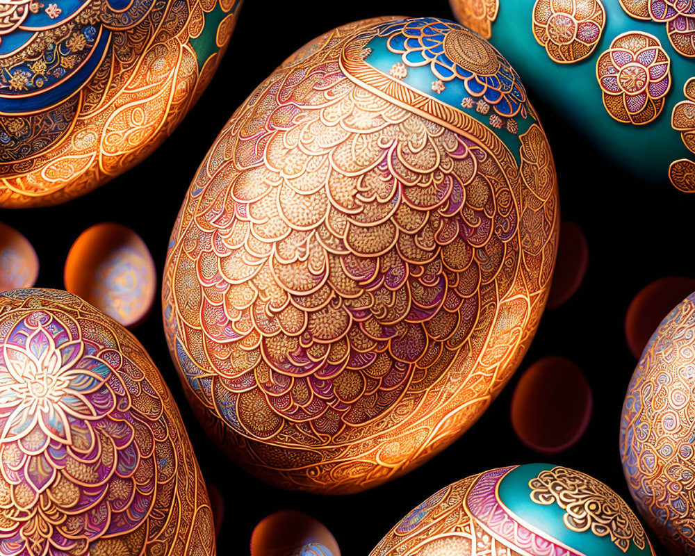 Intricately Decorated Eggs in Vibrant Blues, Oranges, and Golds