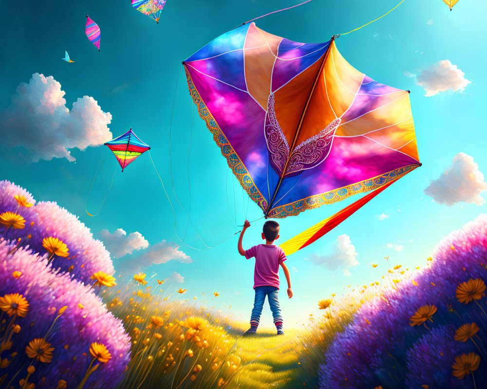 Child flying colorful kite in vibrant field on sunny day