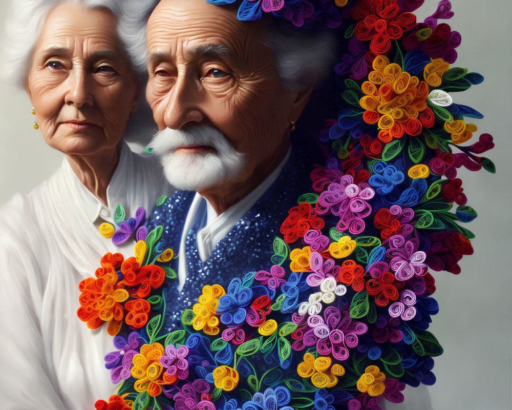 Elderly Couple with Vibrant Floral Beard & Woman in White Portrait