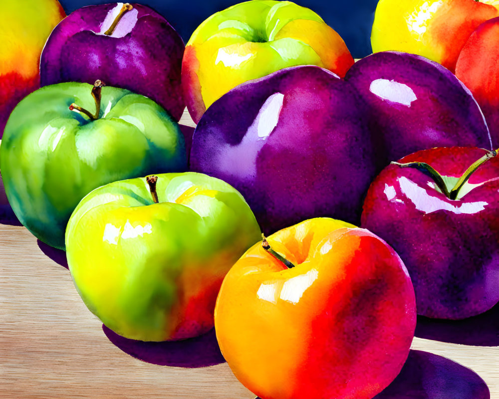 Colorful apples and plums painting on wooden surface with brushstrokes against dark backdrop